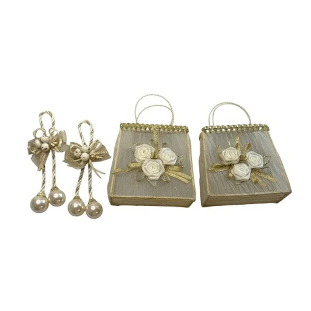 Vintage Style Cream Gold Rose Organza Gift Bags & Pearl Tassel Set 4pc Wedding